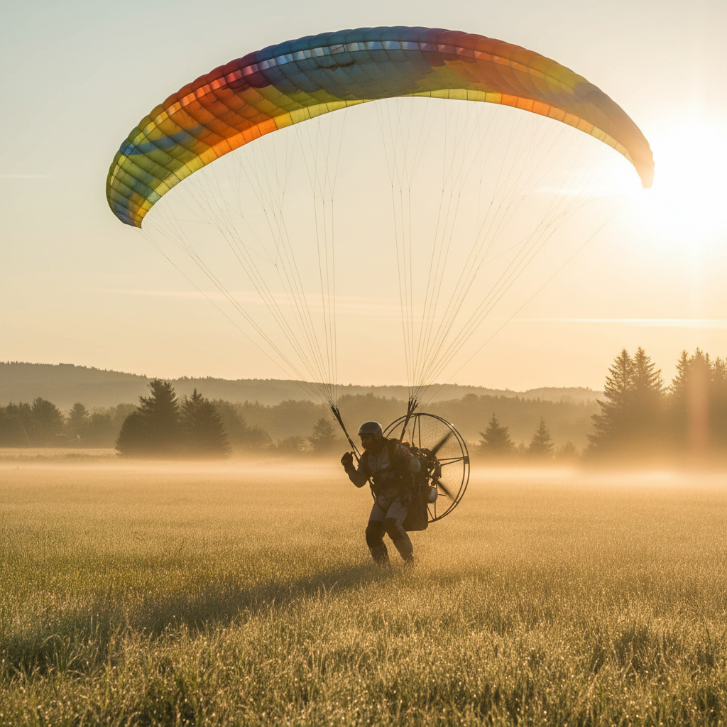 Pilote de paramoteur au décollage au lever du soleil