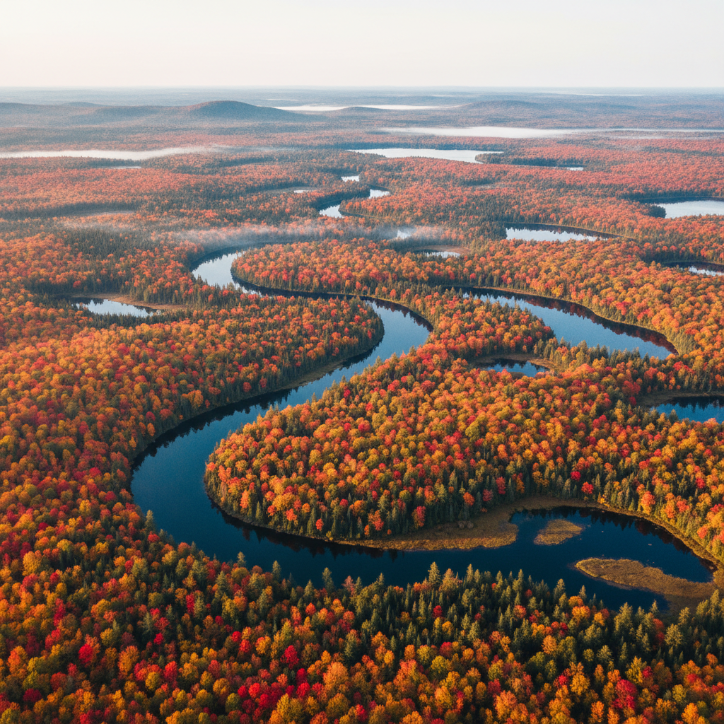 Vue aérienne des forêts et rivières de la Mauricie en automne